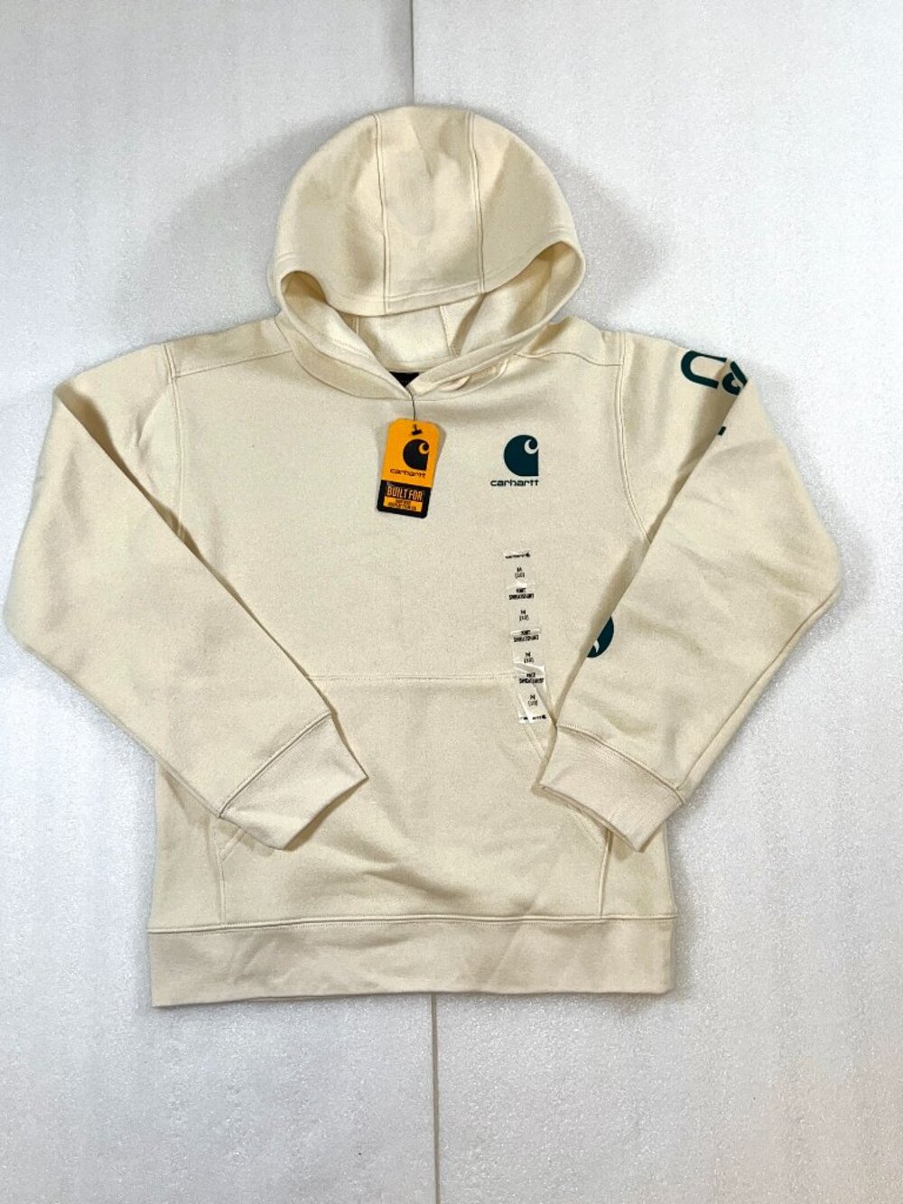 NWT Carhartt Kids Unisex Medium Hoodie Beige Graphic Pullover Sweatshirt Cream